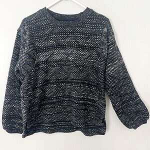 Lucky Brand Knit Sweater Crew Neck Black White Oversized Cozy Fair Isle Small